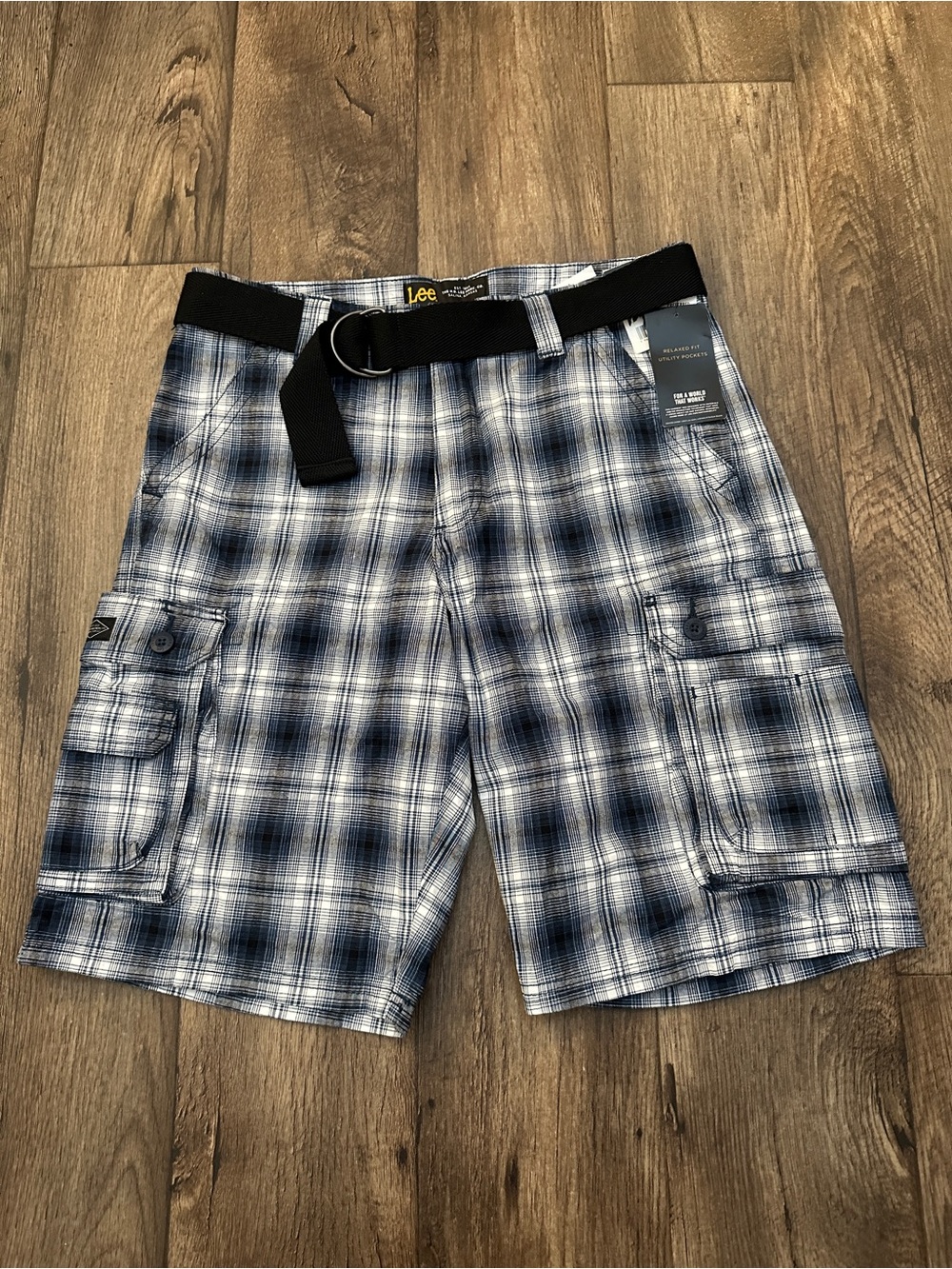 Lee Relaxed Fit Utility Cargo 100% Cotton Shorts Mens Size 32 Blue Plaid